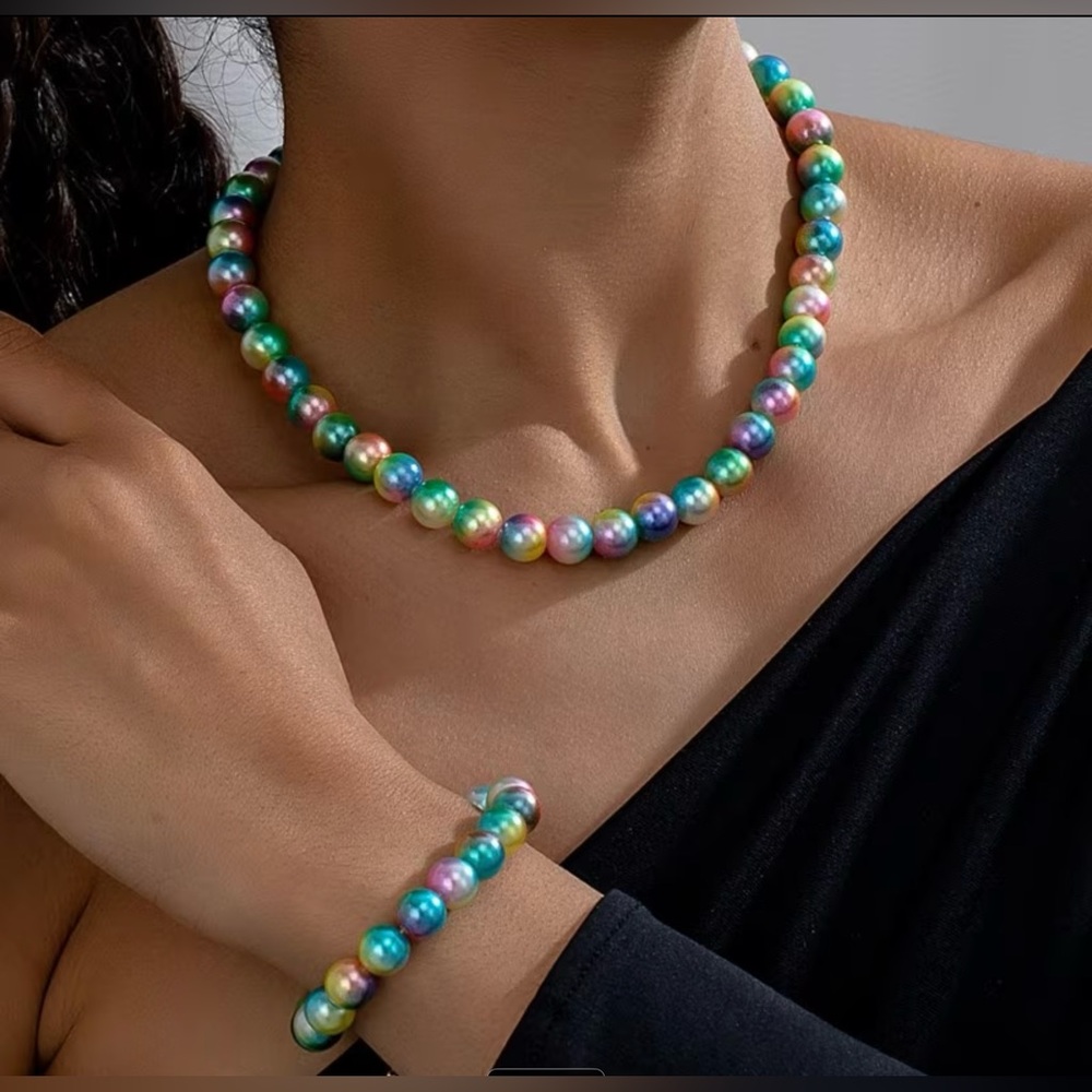 Multicolor Imitation Pearl Bead Necklace and Bracelet Set - Women Jewelry